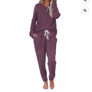 Ribbed Henley Lounge Pajama Set - Plum